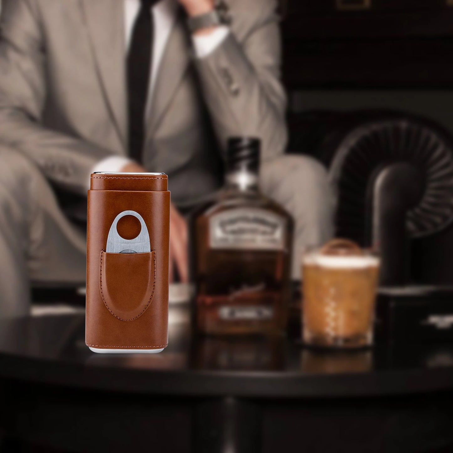 Leather Cigar Case Three-Finger Portable Cigar Humidor Cowhide Material Leather Case Box With Silver Cigar Cutter Gift