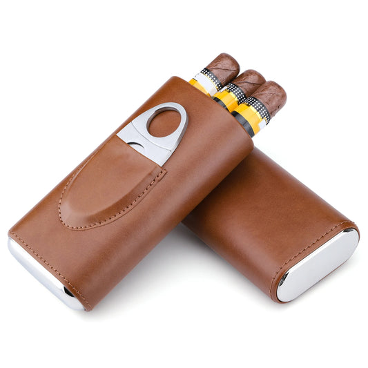 Leather Cigar Case Three-Finger Portable Cigar Humidor Cowhide Material Leather Case Box With Silver Cigar Cutter Gift